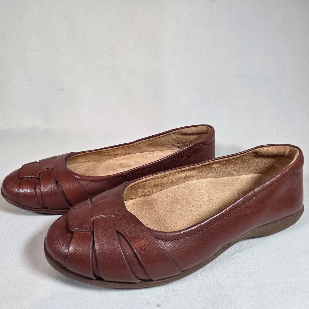 NATURALIZER Brown Leather Womens 6W Wide Woven Ballet Flats Slip On Comfort Boho